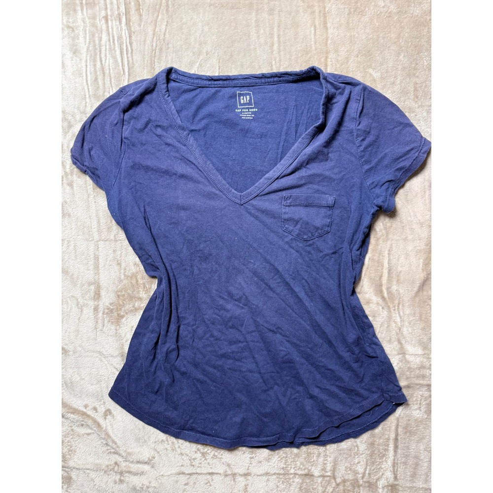 Gap For Good Vintage Wash Tee Navy Blue V-Neck Pocket T-Shirt Small Petite